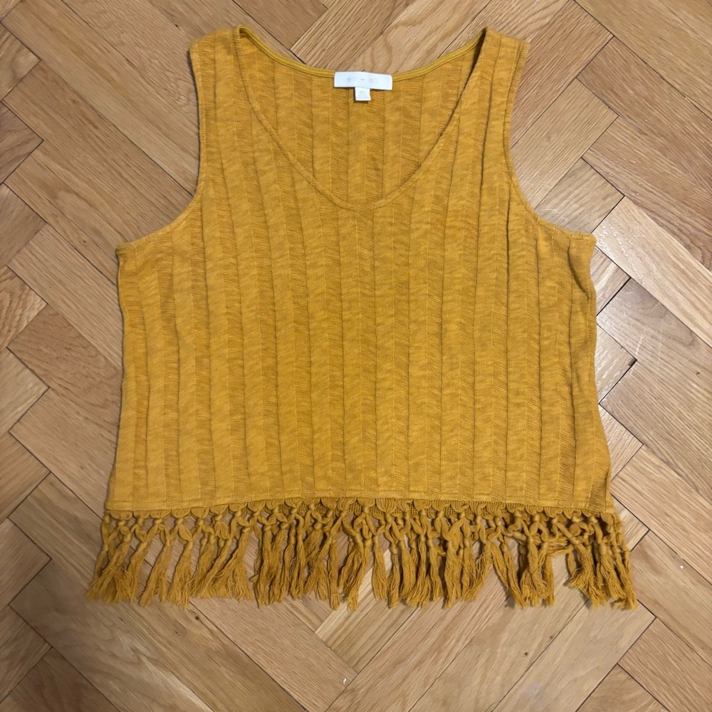 Anthropologie / eri + ali mustard yellow v-neck sweater tank with fringe hem